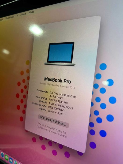 Macbook Pro Retina Late 2013 MacOs Ventura Computador Portátil com OFFICE