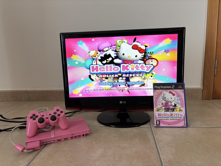 PS2 Slim Rosa Completa — Estado Impecável, Sem Riscos + 4 Buzzers + SingStar
