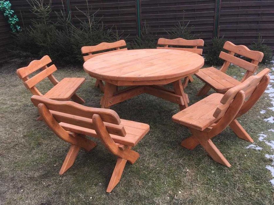 Stół sześciokątny 10 cm 6 ławek 90 cm grube deski 5 cm na 16 osób