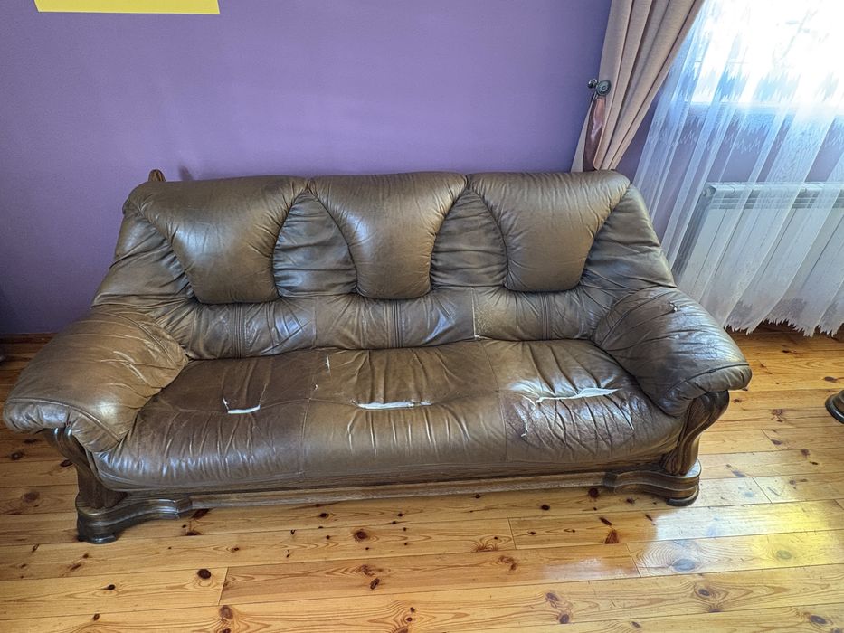 Ława + Skórzana kanapa + 2 fotele  I Skóra naturalna I Drewno dębowe