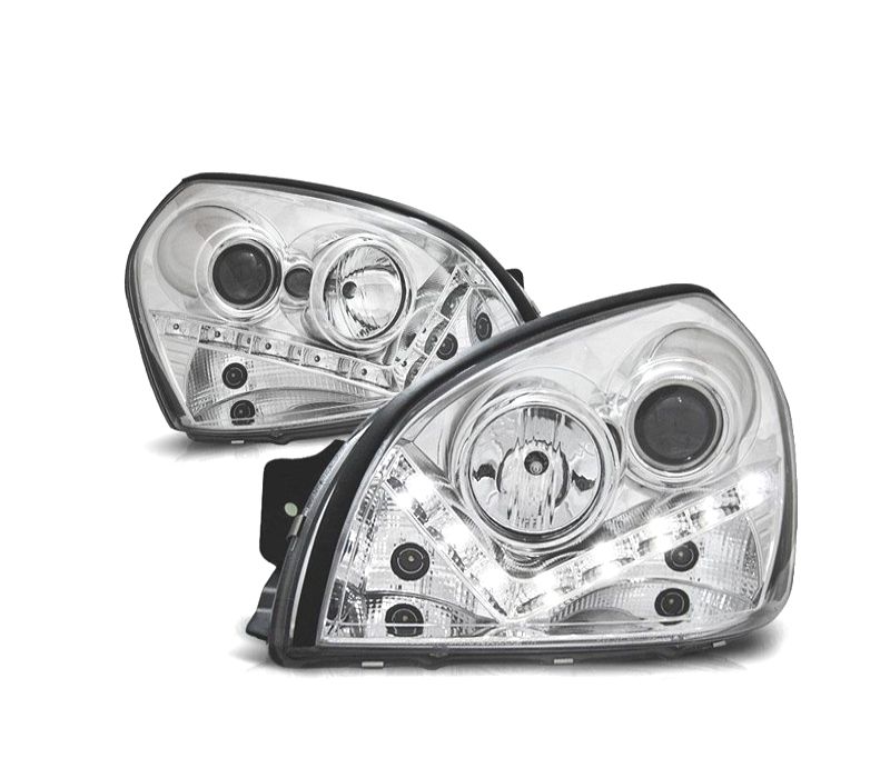 FAROIS FRONTAIS PARA HYUNDAI TUCSON 04-10 LUZ DIURNA FUNDO CROMADO