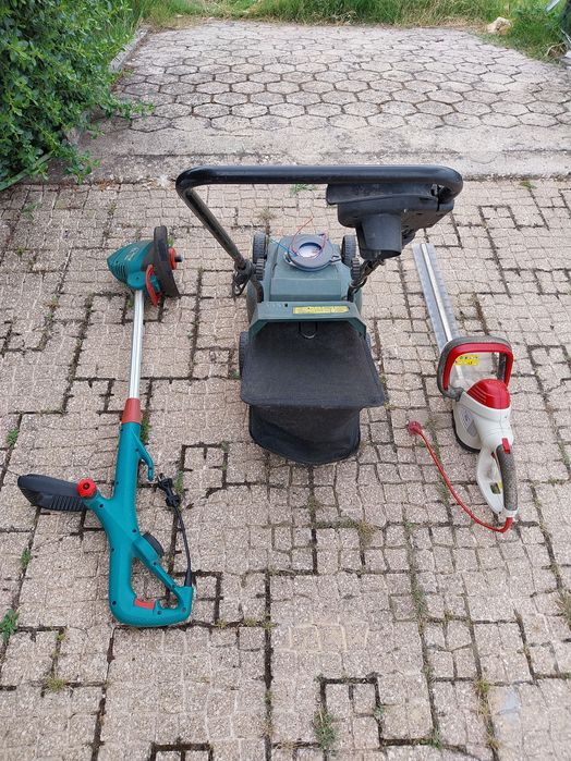 Conjunto de equipamentos elétricos para jardim.