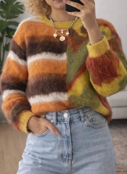 Ciepły Sweter Multicolor Unique Oversize Trendy Żakardowy M/L/XL