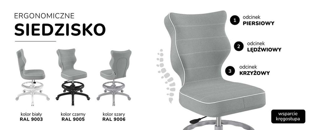 Fotel - ergonomiczne krzesło obrotowe do biurka dla dziecka polskiej firmy ENTELO - model Petit z podnóżkiem kolor ciemny szary