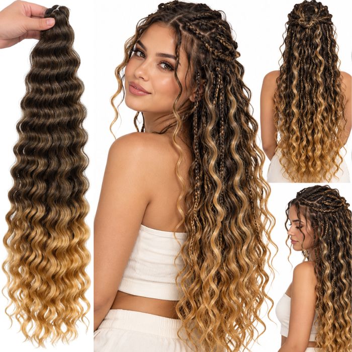 Włosy syntetyczne do warkoczy Boho ombre brąz blond falowane 22 "