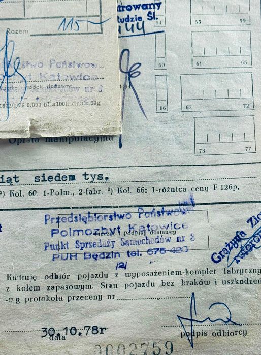 Perełki Historii/ Zestaw Dokumentów Urzędowych/ PRL/ Polmozbyt FIAT126