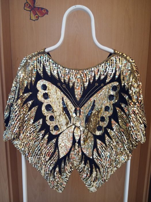 Top borboleta lantejoulas preto e dourado, tamanho único