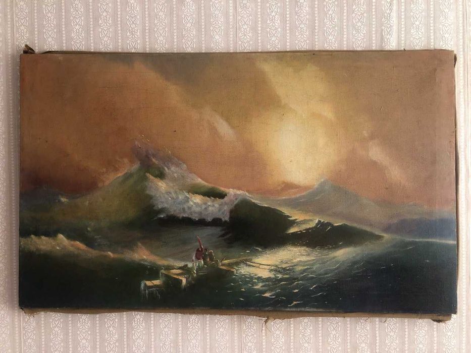 Старая репродукция картины Айвазовского "Девятый вал", масло