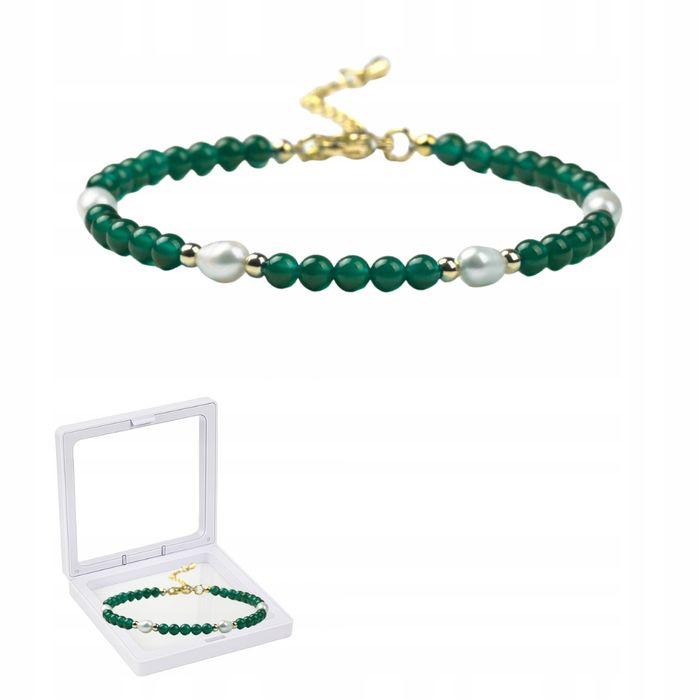 Bransoletka Z Efektownych Koralików Zielono-Perłowych 18+5 Cm + Pude