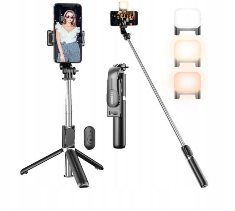 Nowy Selfie-stick kijek 114cm Tripod Q02MP Statyw Bluetooth LED lampa