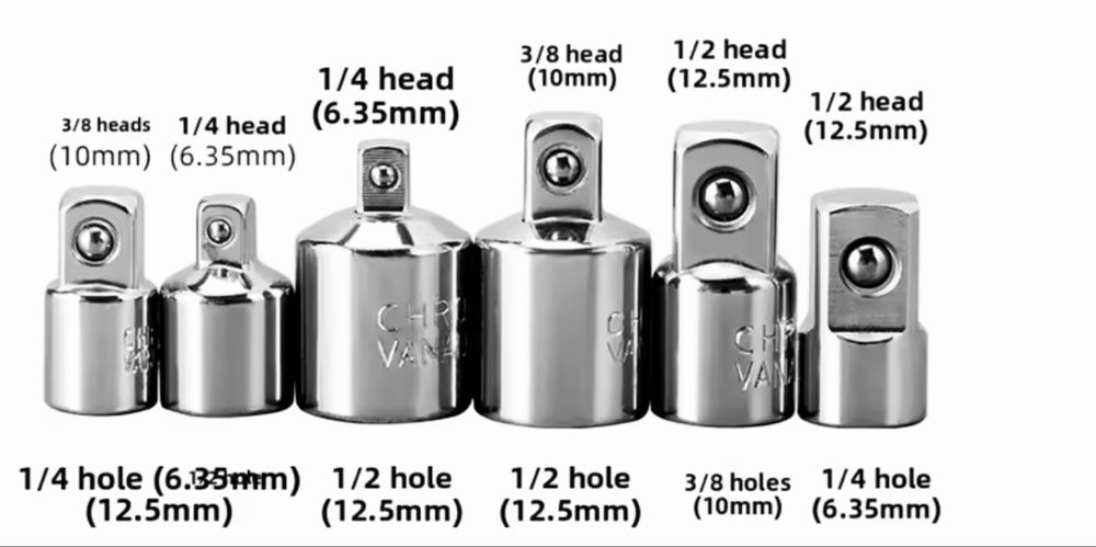 Набір перехідників квадрату 1/4" 3/8" 1/2" 6шт Хромованадієва сталь