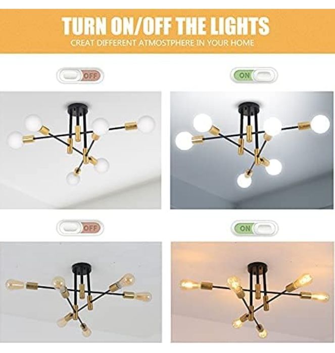 Candeeiro preto mate e dourado (para 6 lâmpadas)