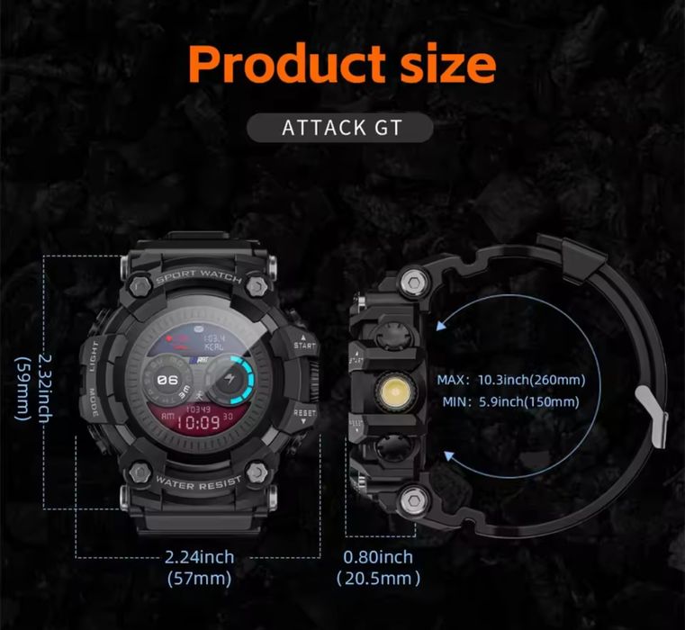 Тактические смарт часы ATTACK GT с фонариком + Compass + стекло.