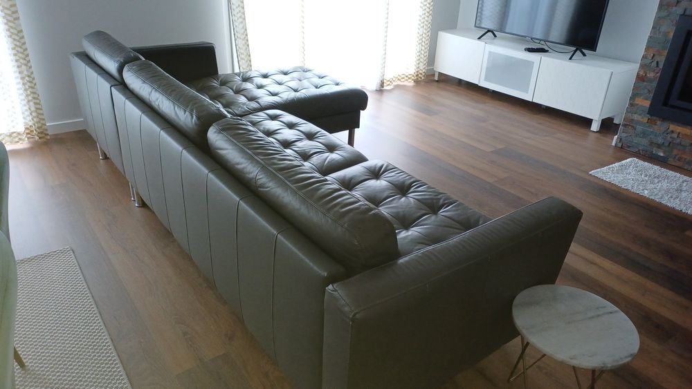 Sofá sala de estar 3 lugares mais chaise longue em pele