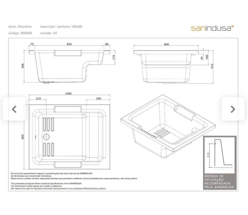 Banheira Acrílica alta densidade Pró, 100×80, Sanindusa, com chassis