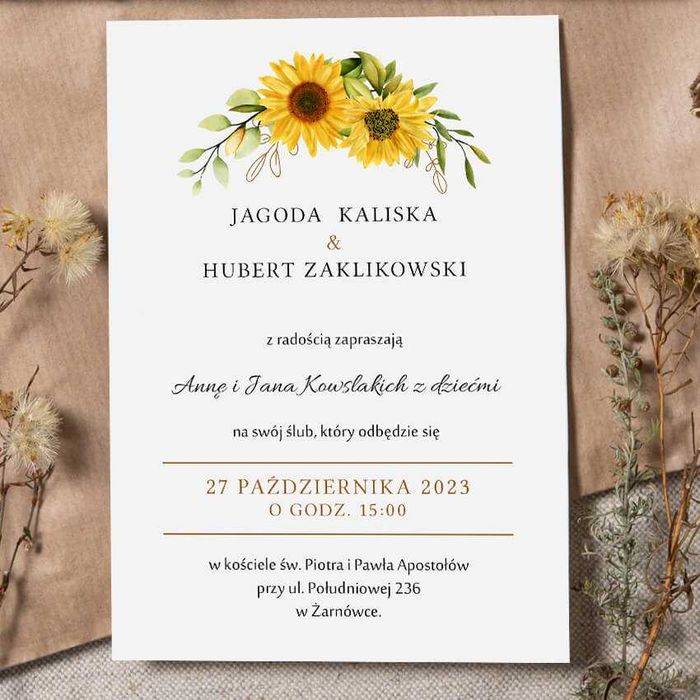 Słoneczniki - jednokartkowe zaproszenie ślubne
