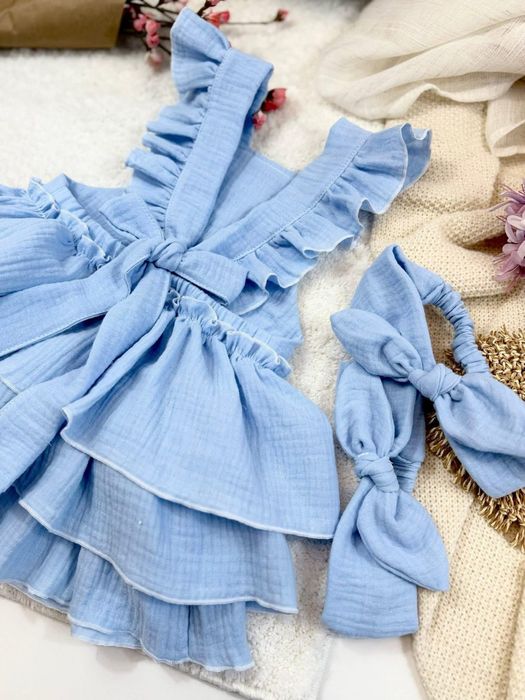 Zula Handmade niebieski rampres spódniczka na szelkach 104 cm