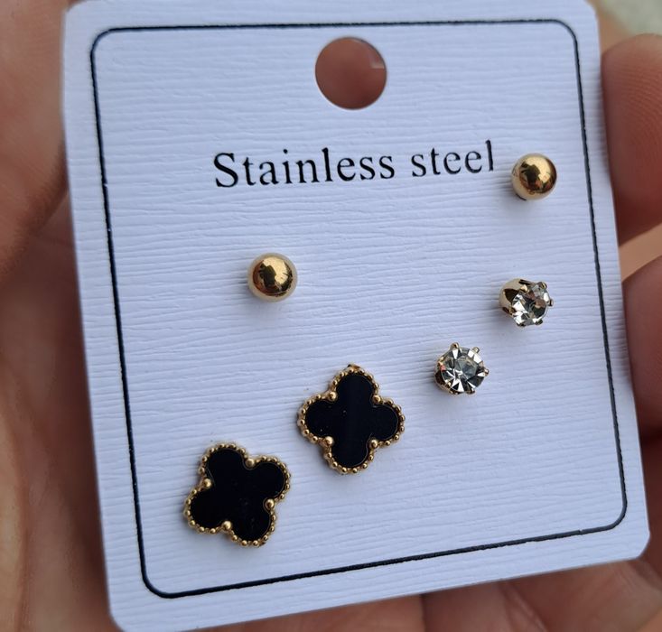 Zestaw 3 pary kolczyków czarne koniczynki, kuleczki, cyrkonie