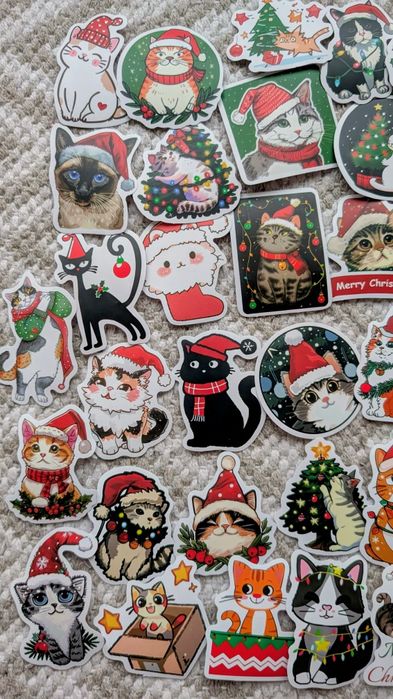 Набор наклеек новогодние коты Merry Christmas Santa Claus cat стикеры