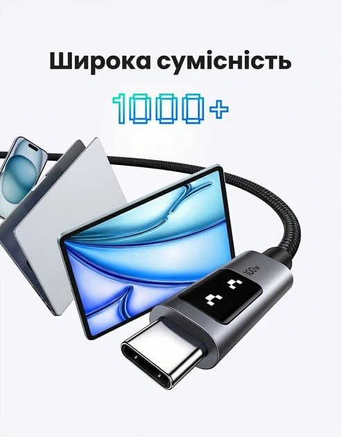 Кабель Ugreen Uno L509 USB-C - USB-C PD 3.0 100W 5A LED-дисплей 1 м