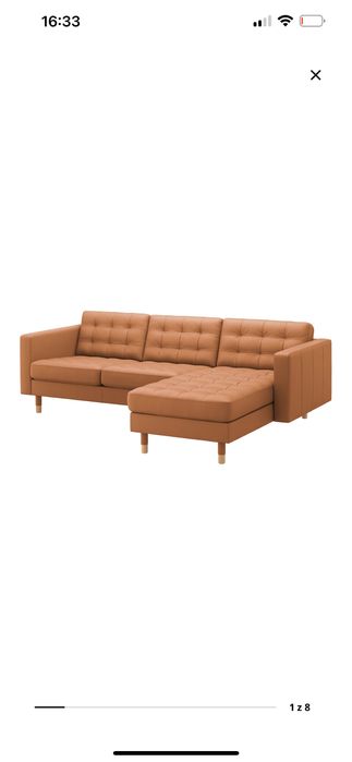 Skórzana sofa Ikea Landskrona z szezlongiem kolor camel, stan idealny