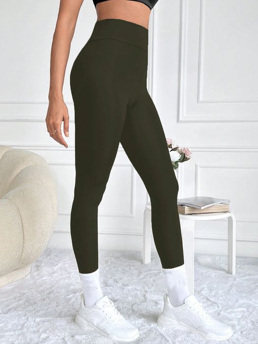 Legginsy Basic Z Wysokim Stanem Zielone Casual Shein S 36
