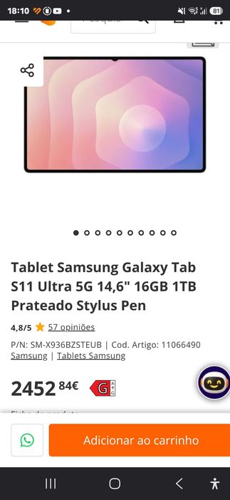 Samsung Tablet S11 Ultra 1tb 16gb (como nova, 1 semana utilização)