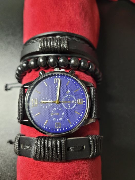 Zegarek męski z niebieską tarczą pasek z materiału z bransoletami