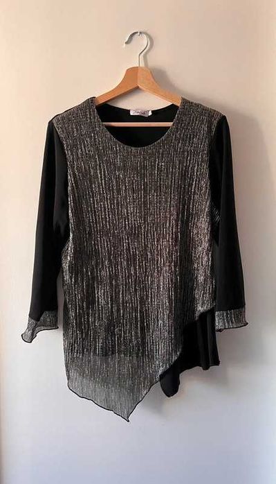Czarna srebrna warstwowa bluzka damska z długim rękawem wiskoza L 40
