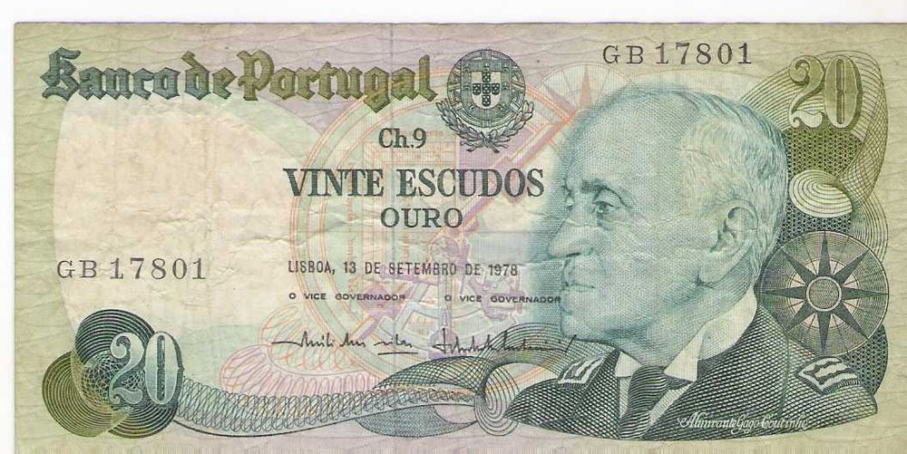 Nota 20 escudos Gago Coutinho 1978