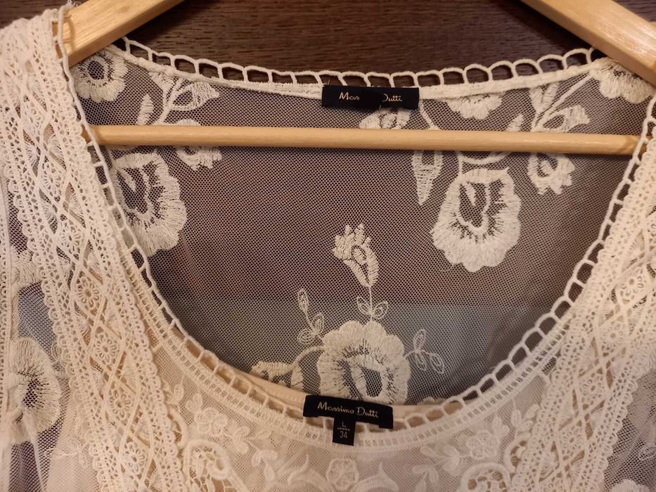 Massimo Dutti - biała koronkowa haftowana sukienka