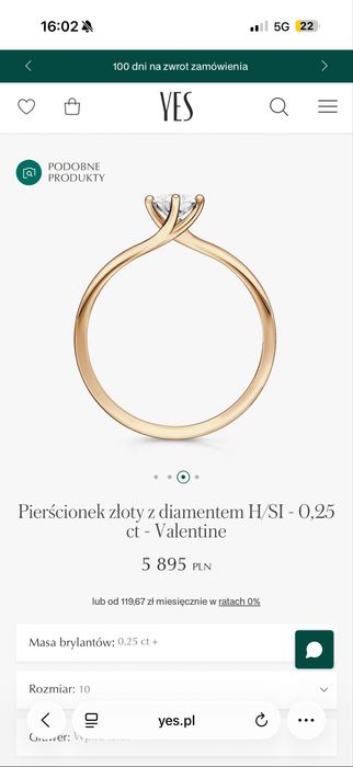 Złoty pierścionek YES diament 0,25ct certyfikat