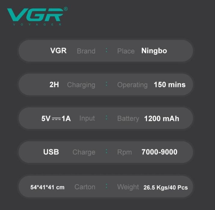 Професійна акумуляторна бритва-шейвер VGR PRO з подвійним лезом для гоління бороди та вусів, 9000 RPM, з LED-дисплеєм, Black