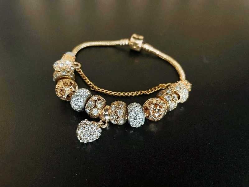 NOWA Złota bransoletka 19 + charmsy modułowa charms cyrkonie zawieszki