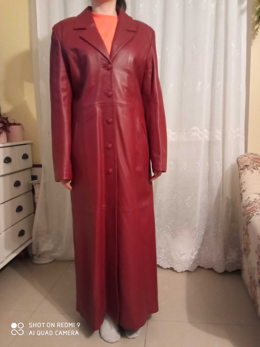 Płaszcz skóra naturalna bordo burgund 106cm pachy 44 maxi z podpinką