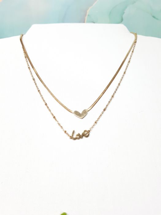 Colar duplo aço inoxidável com love e coração