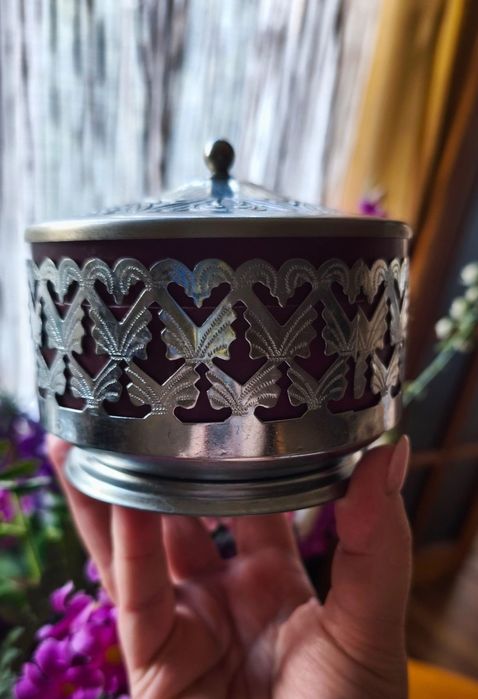 Сахарница цукорниця ваза на ножке кобальт старинное стекло  подарок