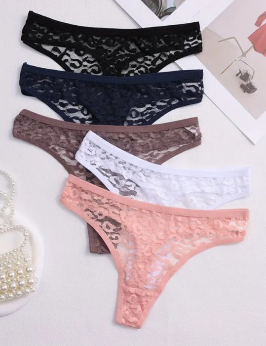 5 шт. Однотонних мереживних напівпрозорих стрінгів