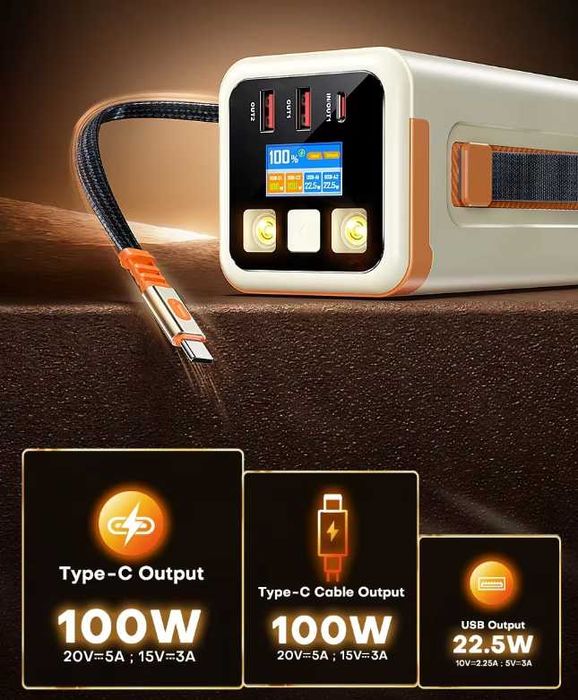 Повербанк QOOVI 100W 50000mAh для ноутбуків телефонів і т.д. Вбудований шнур Type-C