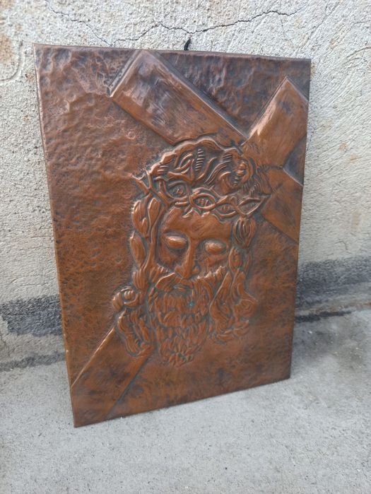 Obrazek tłoczony, miedź,głową Chrystusa ,vintage.