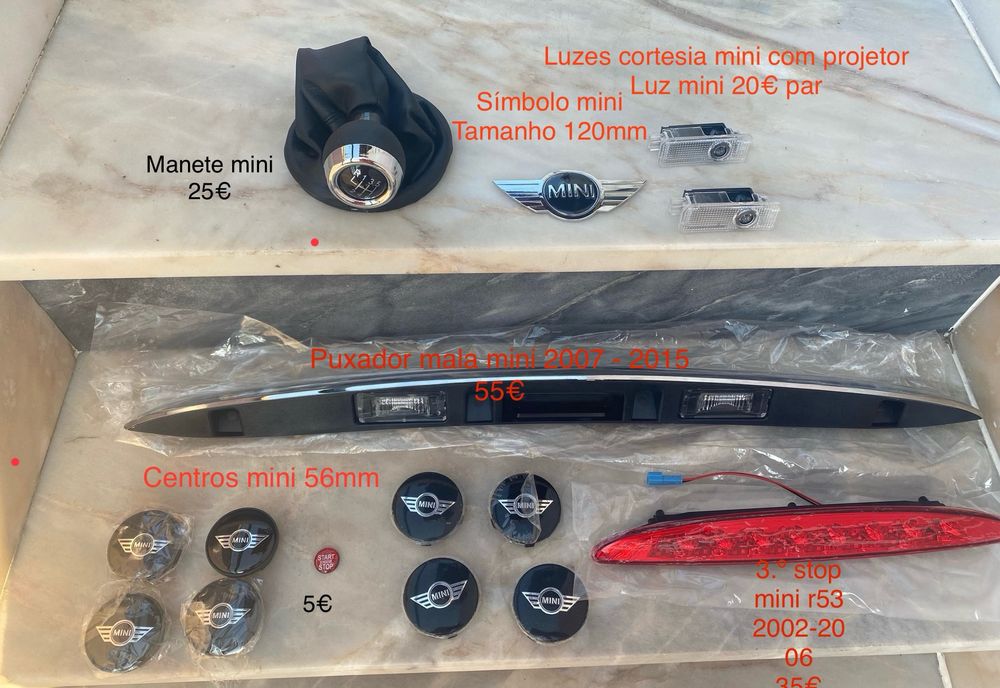 Mini r53/56 centros puxador mala botao start 3.º stop luzes cortesia