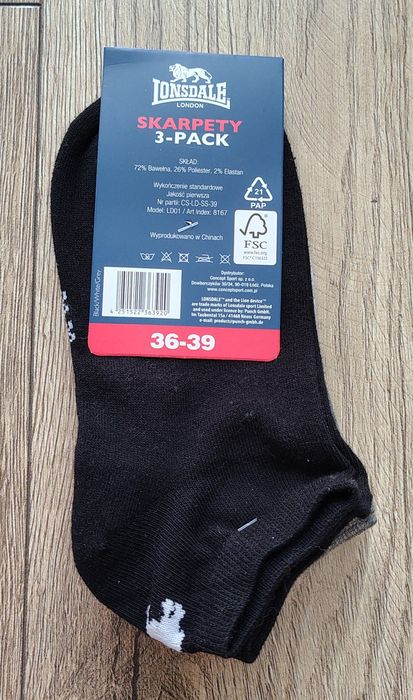 Skarpetki Lonsdale 3 pary czarne szare białe 36-39 nowe