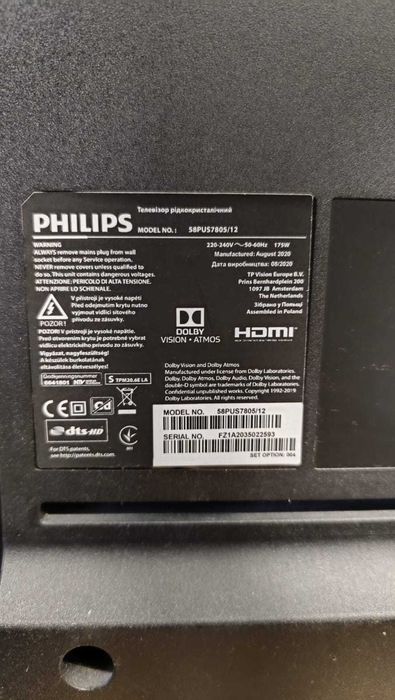 TV Philips 58" 4K Smart TV – 58PUS7805/12 – Coluna de "Dead pixel"/ Para peças