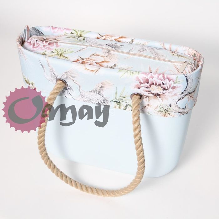 Beżowy organizer do OBAG STANDARD +OPASKA kwiaty błękit żurawie OMAY