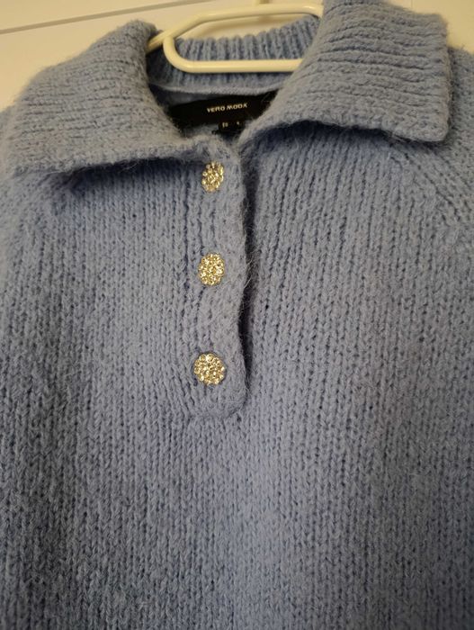 Sweter damski zdobienie guziki błękit kołnierzyk XS s jesień zima