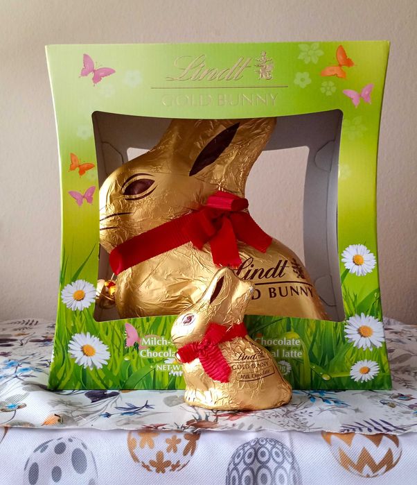 Ogromny złoty zajączek Lindt Gold Bunny z czegolady o masie 1kg Prezent na komunie, urodziny, dzień dziecka