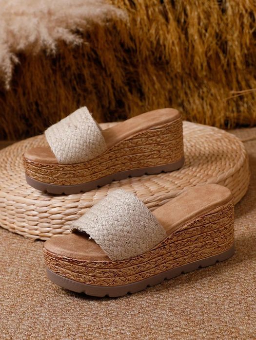 Klapki damskie na platformie espadryle plecione beżowe letnie SHEIN 36