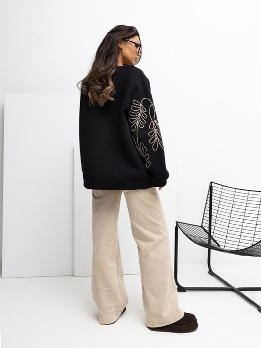 Bluza damska czarna RUE PARIS haft kangurka oversize bufiasty rękaw