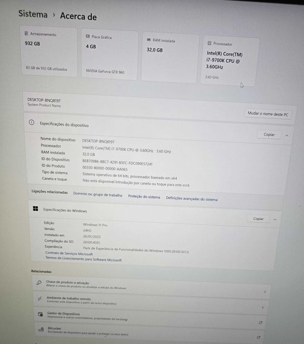 Computador I7-9700K 3.6ghz 32GB Ram Asus Nvidia GTX960 W11
