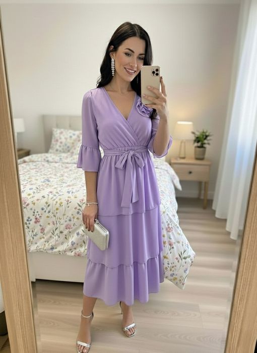 Fioletowa okazjonalna sukienka z falbankami i różą